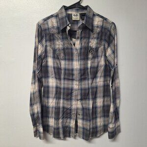 Harley Davidson Plaid Snap Up Down Fringe Embroidered Mens Small Motorcycle Club